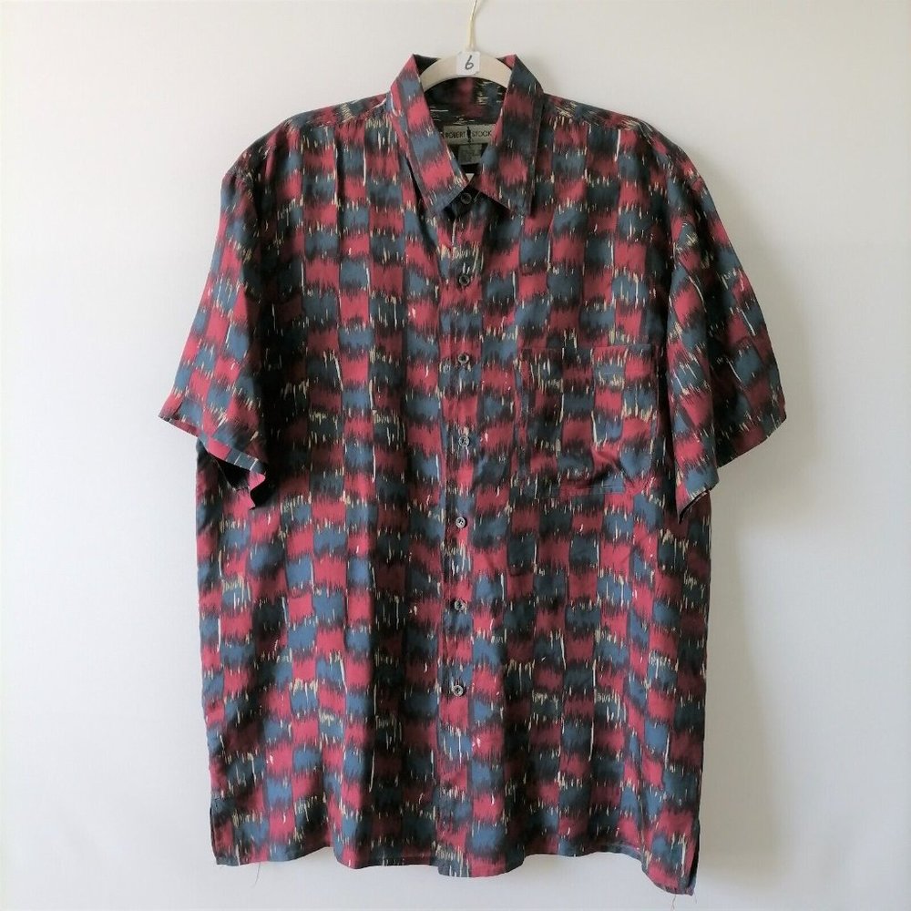 Robert Stock Mens Multicolor Ikat Checked Short Sleeve Button Up Shirt Size L